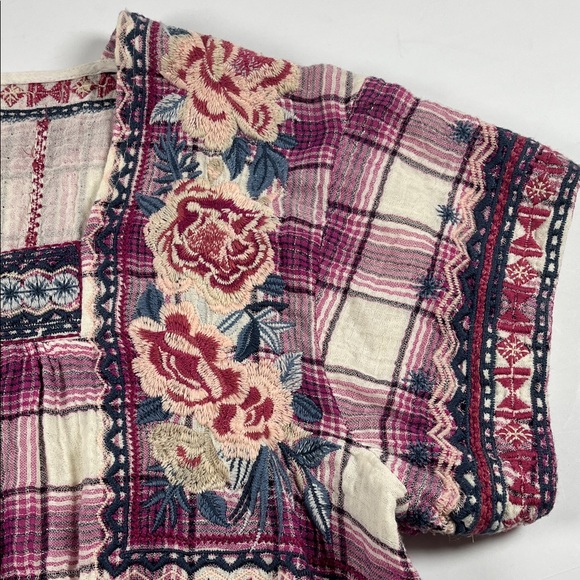 Johnny Was Womens Pink Plaid Peasant Floral Blouse Sz L - Picture 7 of 8